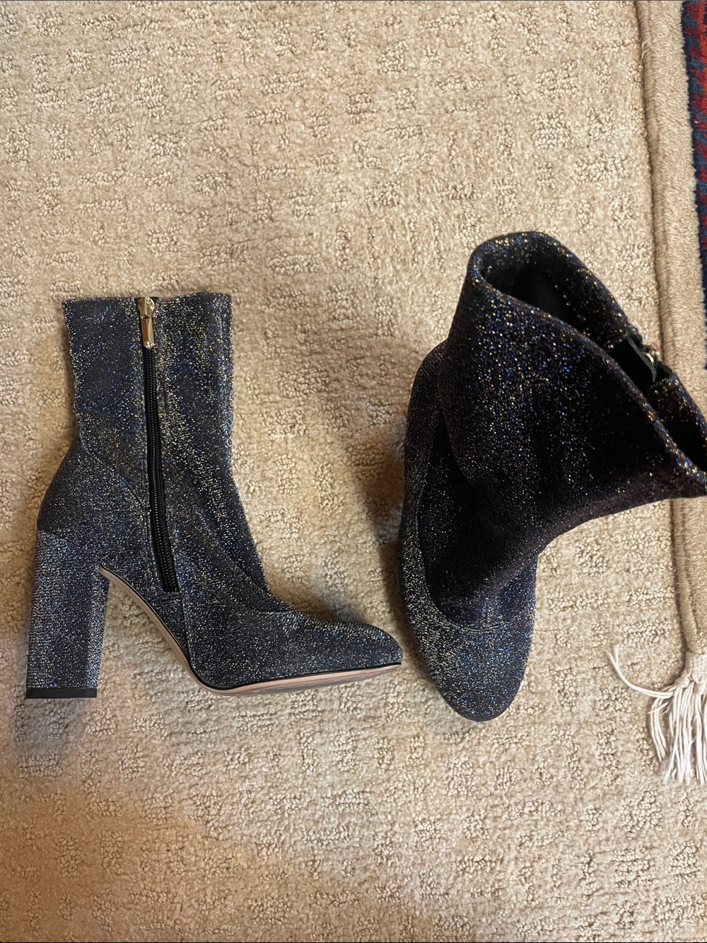 Sam Edelman Glitter Block Heel Ankle Boots - Navy with Gold Flecks 6